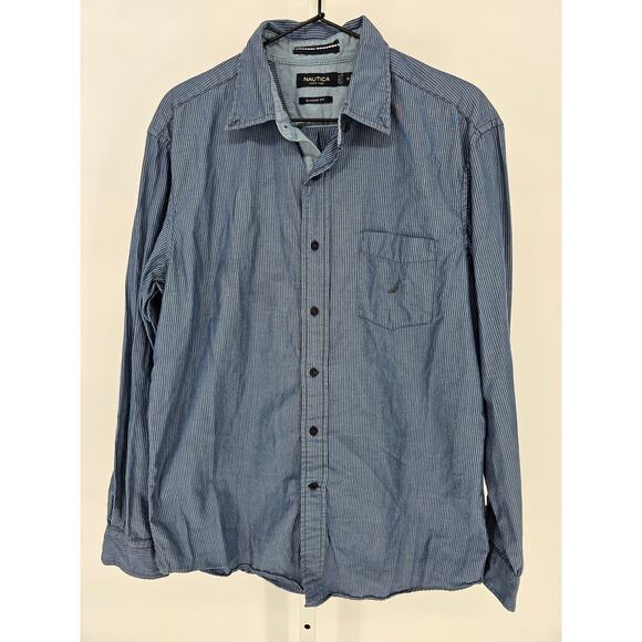 Nautica Mens M Long sleeve Button Up Classic Fit Dress Shirt Slate Blue Striped - Picture 1 of 5